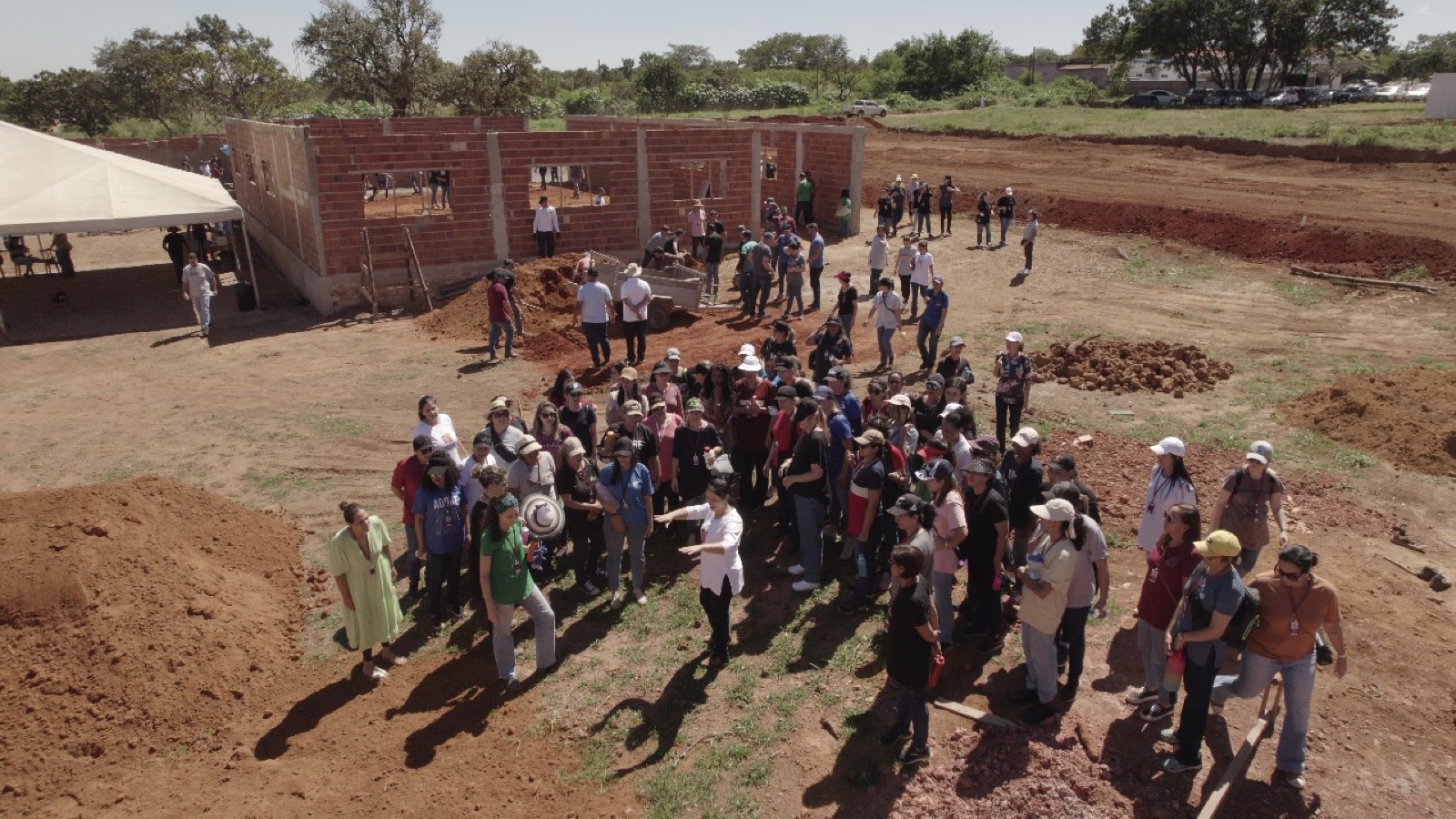 Aerial view of students working at a construction site